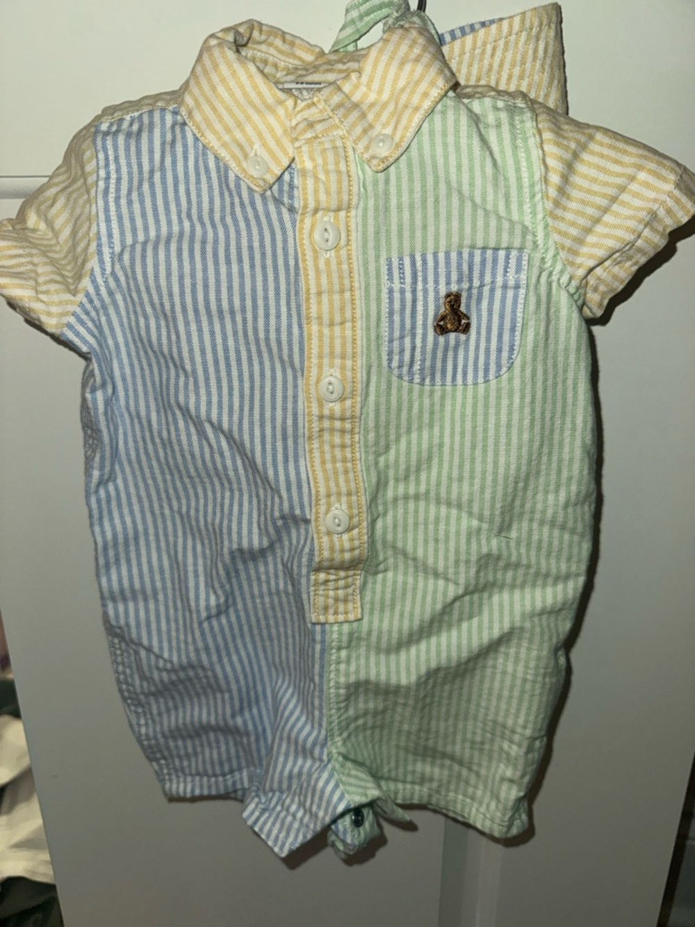 GAP Striped Short-Sleeve Button Romper in Blue, Yellow, Green